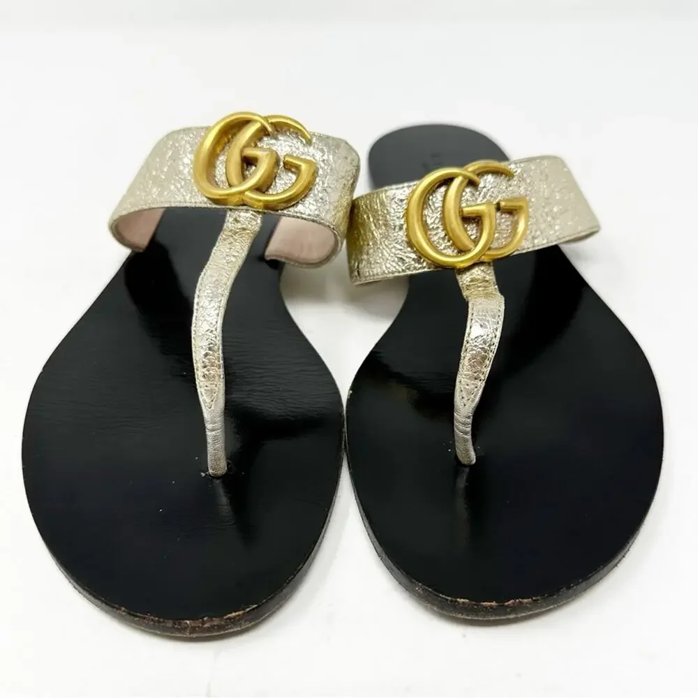 Gucci Marmont GG Metallic Thong Sandals Womens Size EU 38